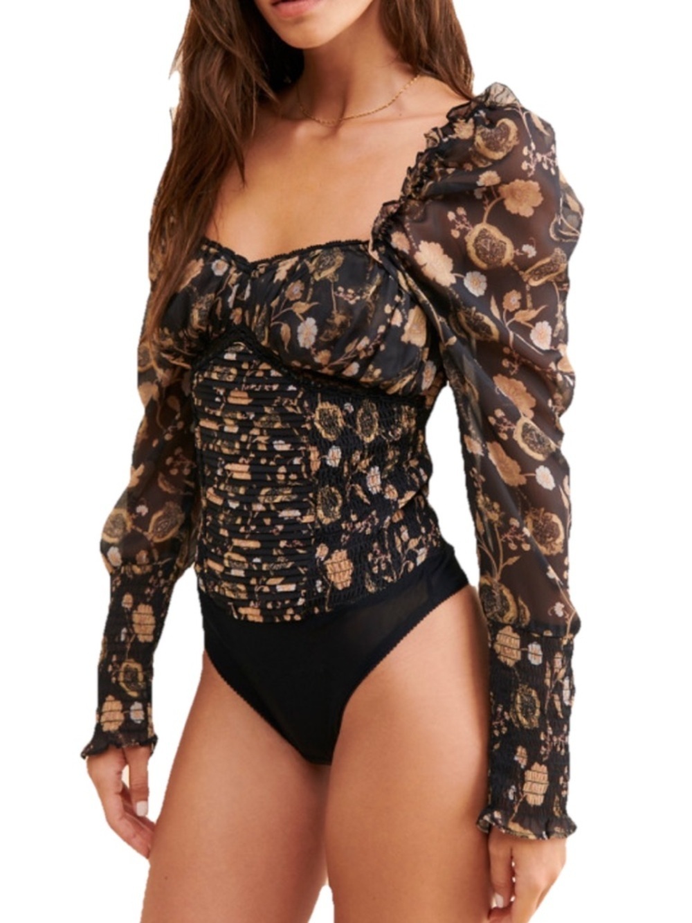 Free People Brunch Date Floral Long Sleeve Bodysuit Size Medium Black NWOT